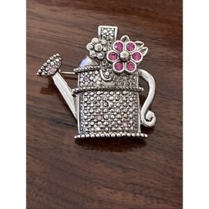 Vintage AAI Silver Watering Can Pink Rhinestone Brooch Pin